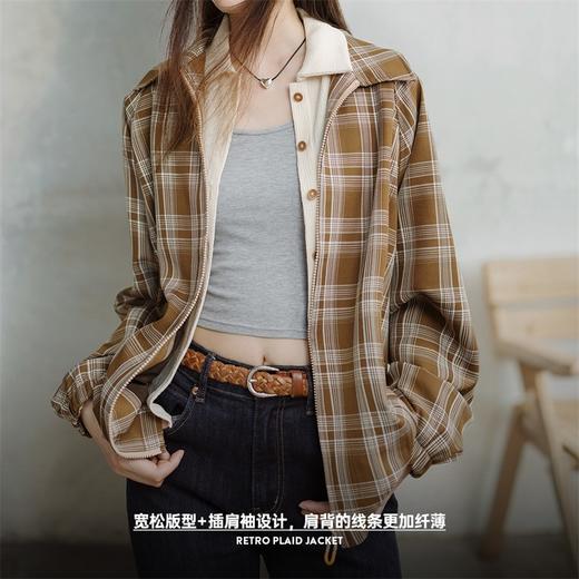 马登复古格纹夹克设计感翻领休闲拉链外套宽松日常百搭松弛上衣春秋女 商品图4