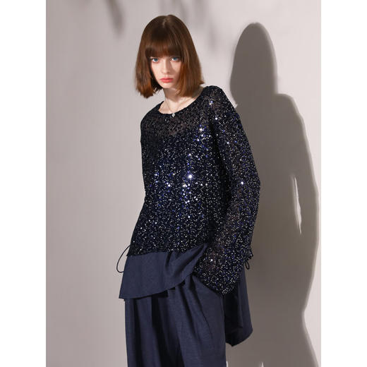 COCOBELLA璀璨星光亮片微透视针织衫秋轻奢风套头罩衫MZ7038 商品图3