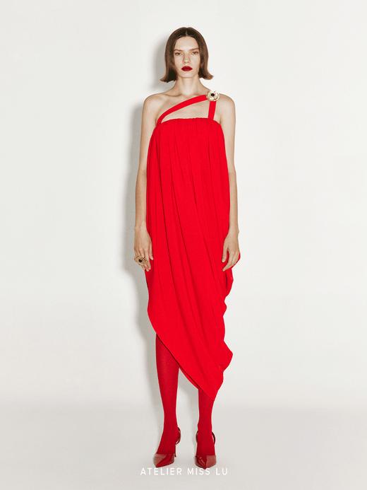 【热情探戈】斜肩带立裁垂褶不规则连衣裙 商品图0