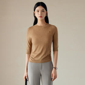 玳莎侧边抽褶五分袖针织衫女2024秋季新款修身显瘦设计感圆领毛衣  EC33103