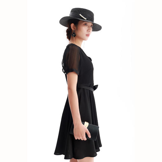 HJ2S32_漆黑色_连衣裙_四季_气质优雅立体花朵网纱袖收腰系带显瘦 A 字短裙_高级女装_BERNIEELEN 伯妮斯茵 商品图2