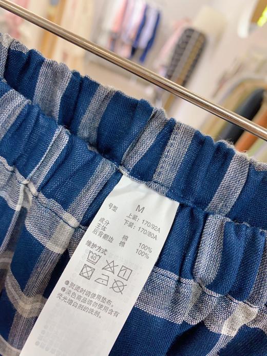 秋季男款双层纱藏青大格纱布长袖套装 全棉纱布格子睡衣家居服 商品图6