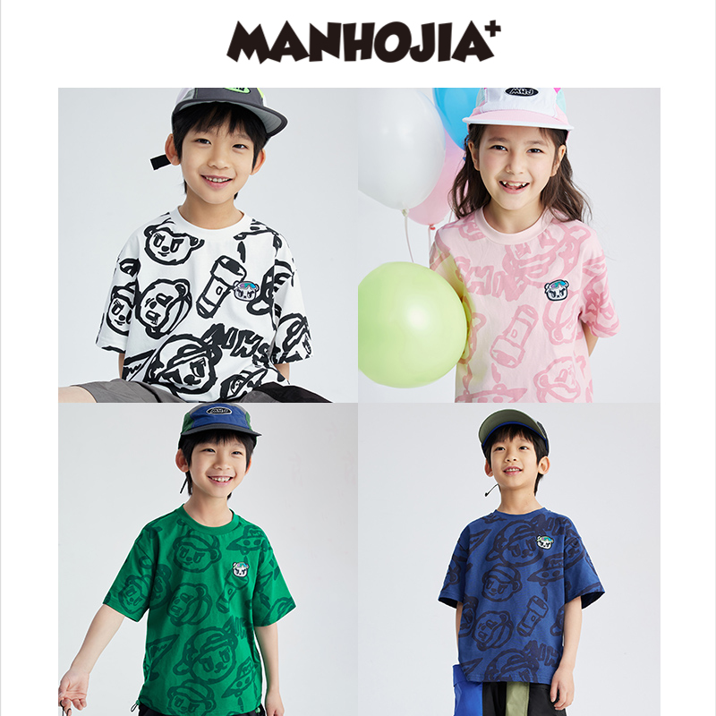 漫画家潮童装HOHO熊原创趣味涂鸦夏季轻薄透气短袖T恤上衣男童