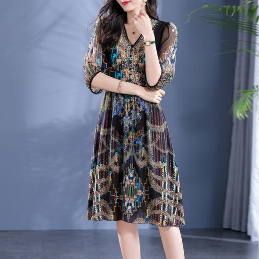 丁摩 异域风情印花真丝连衣裙桑蚕丝裙子4ZF-90216 商品图2