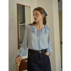 SimpleRetro海盐白沙 竹叶暗纹双层荷叶边领法式衬衫女秋温柔衬衣