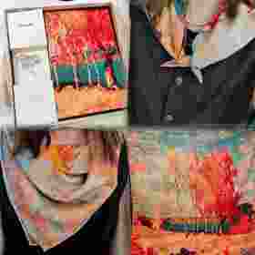 【甄珠贝·艺术家系列】70*70cm白桦林双面异色丝羊毛丝巾和天然淡水珍珠花束胸花礼盒套装