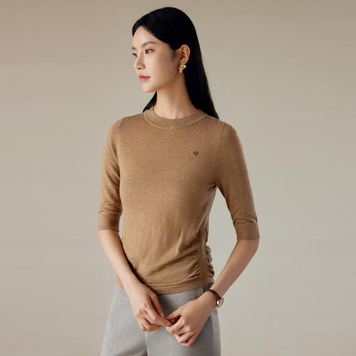 玳莎侧边抽褶五分袖针织衫女2024秋季新款修身显瘦设计感圆领毛衣  EC33103 商品图1