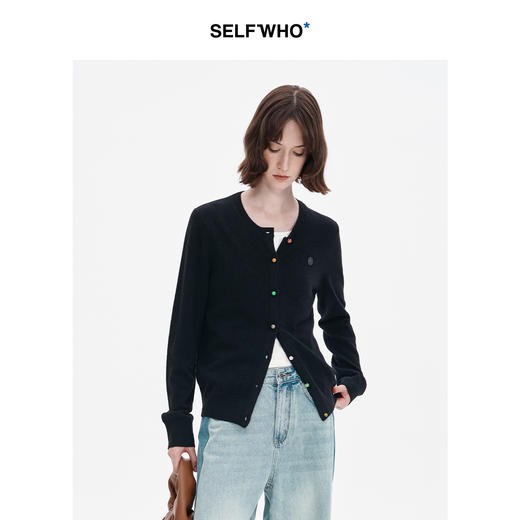 SELFWHO羊毛羊绒混纺经典纯色针织开衫女2024秋新款圆领百搭外套 商品图2