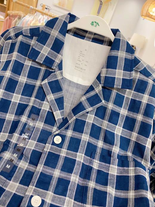 秋季男款双层纱藏青大格纱布长袖套装 全棉纱布格子睡衣家居服 商品图1