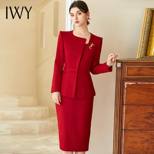 IWY/秋款长袖红色西装连衣裙套装两件套商务宴会接待干练职业正装C2076+Q1192  商品图3