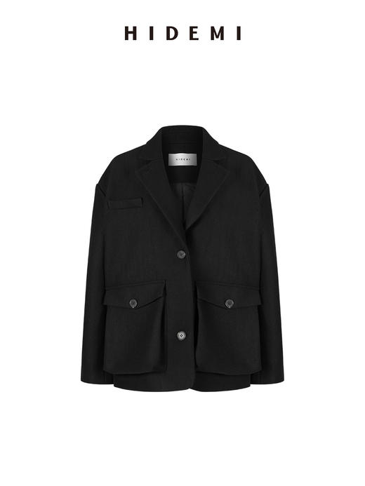 HIDEMI 【当当同款】极简大立体口袋设计感飞行员式领底呢手工式拼接宽肩大廓形绵羊毛厚款中短款毛呢西装大衣外套 商品图11