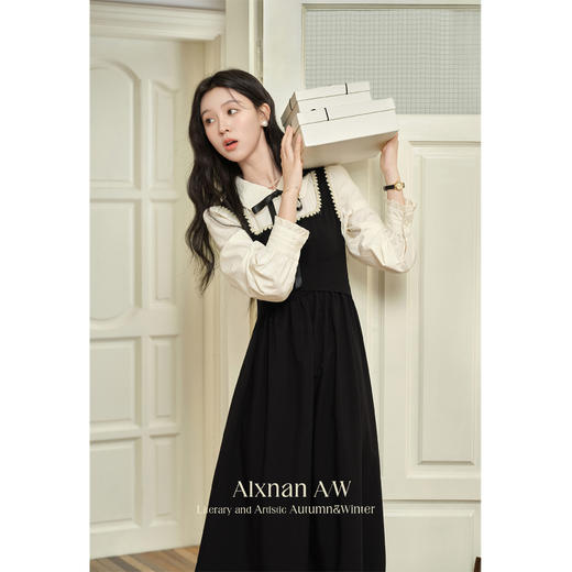 鹿向南「南法假日」假两件黑色连衣裙L39725 商品图1