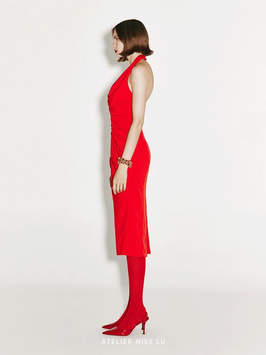 【阿米莉亚】褶皱设计挂脖露背修身连衣裙 商品图1