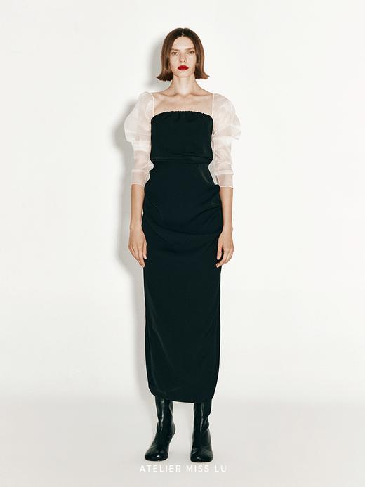 【奥利维亚】不规则褶皱设计抹胸纱袖连衣裙 商品图0