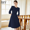 IWY/七分袖藏蓝色职业裙气质优雅大摆裙圆领显瘦通勤干练连衣裙Q1173-ZL 商品缩略图1