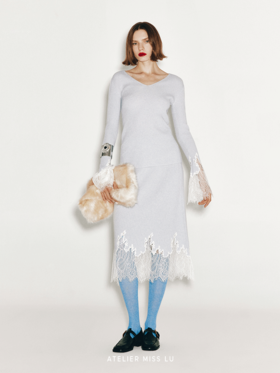 【浅海白沙】加长睫毛蕾丝拼接羊绒羊毛混纺半裙