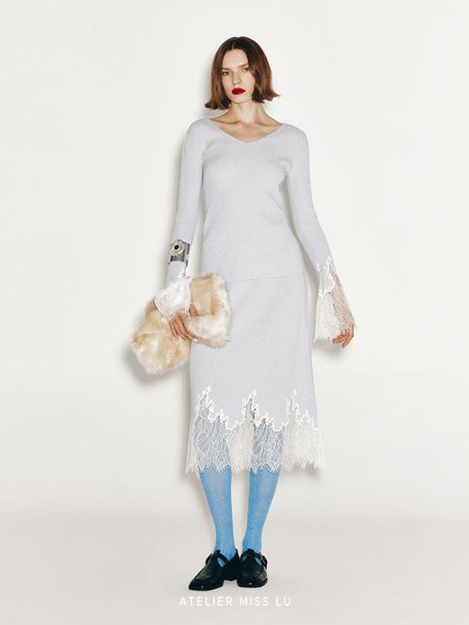 【浅海白沙】加长睫毛蕾丝拼接羊绒羊毛混纺半裙 商品图0