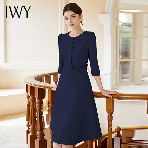 IWY/七分袖藏蓝色职业裙气质优雅大摆裙圆领显瘦通勤干练连衣裙Q1173-ZL 商品图2