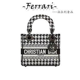 D家 千鸟格纹图 刺绣戴妃包 可拆卸宽肩带 迷你女款 黑色