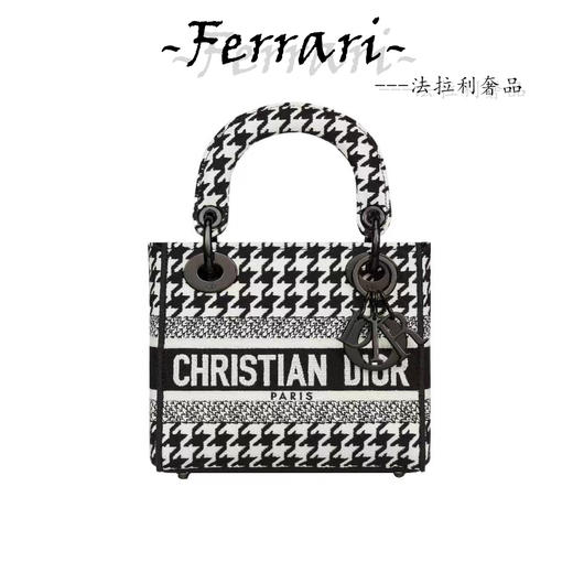 D家 千鸟格纹图 刺绣戴妃包 可拆卸宽肩带 迷你女款 黑色 商品图0
