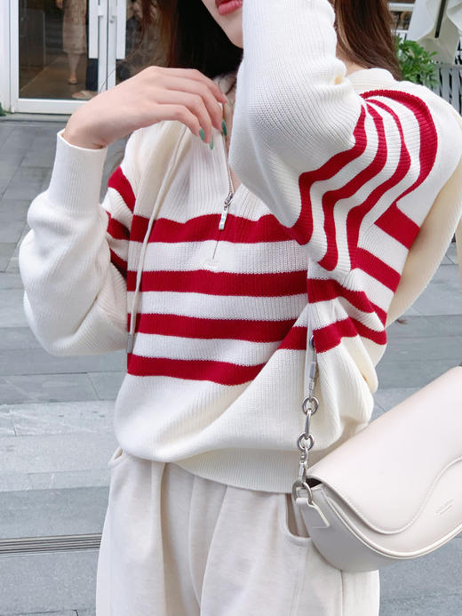 【百图lulu定制】【蔓越莓海魂衫】红白条纹   活力  V领连帽针织衫 商品图5