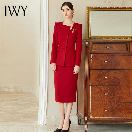 IWY/秋款长袖红色西装连衣裙套装两件套商务宴会接待干练职业正装C2076+Q1192  商品图0