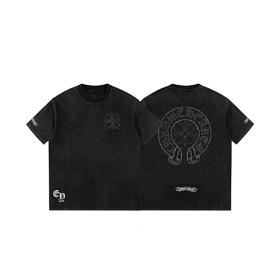 CH克家马蹄梵文螺丝钻水洗做旧复古圆领短袖