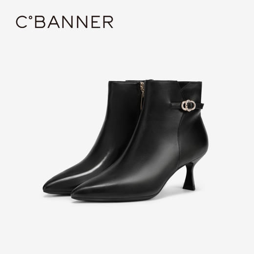 千百度羊皮细高跟时装靴女冬季瘦瘦靴通勤黑色皮鞋短靴子A24577521 商品图1