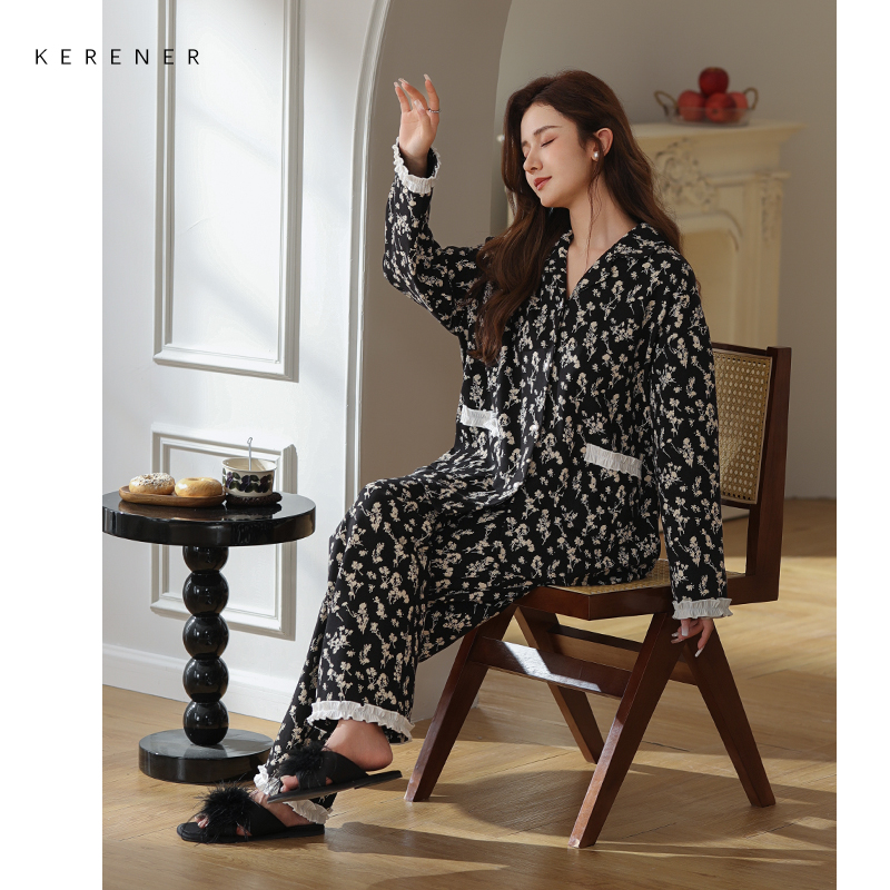 【可人儿&繁花似锦】春秋季纯棉家居服女士印花长袖全棉睡衣套装