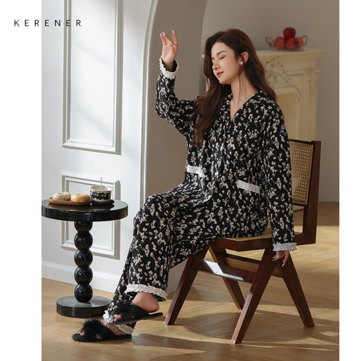 【可人儿&繁花似锦】春秋季纯棉家居服女士印花长袖全棉睡衣套装 商品图0