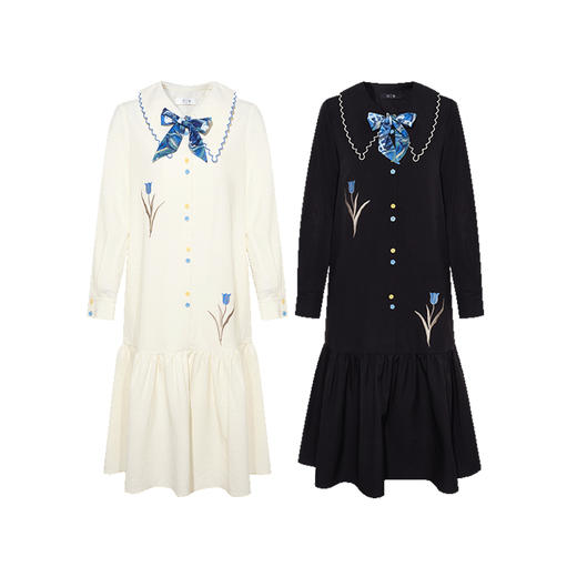 两三事梵高文艺 满枝香郁 2024秋季新款文艺风绣花印花领带连衣裙 商品图4