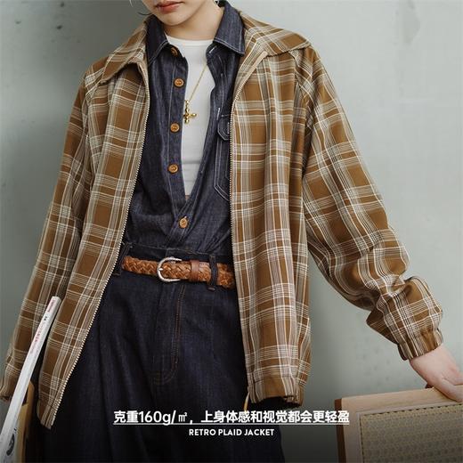 马登复古格纹夹克设计感翻领休闲拉链外套宽松日常百搭松弛上衣春秋女 商品图3
