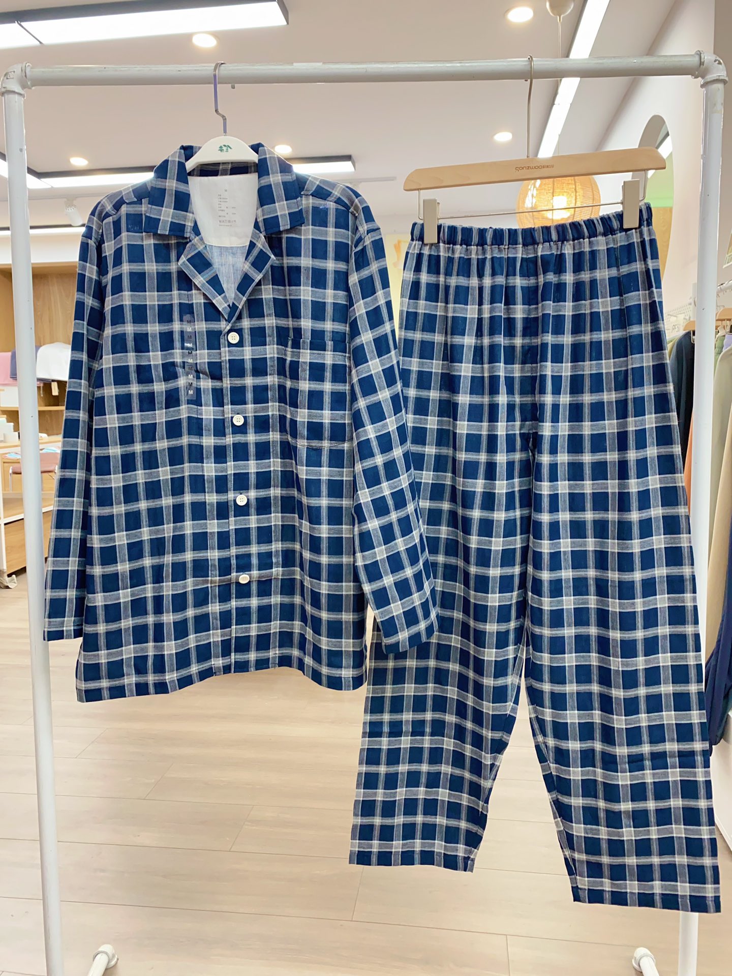 秋季男款双层纱藏青大格纱布长袖套装 全棉纱布格子睡衣家居服