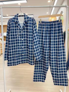 秋季男款双层纱藏青大格纱布长袖套装 全棉纱布格子睡衣家居服