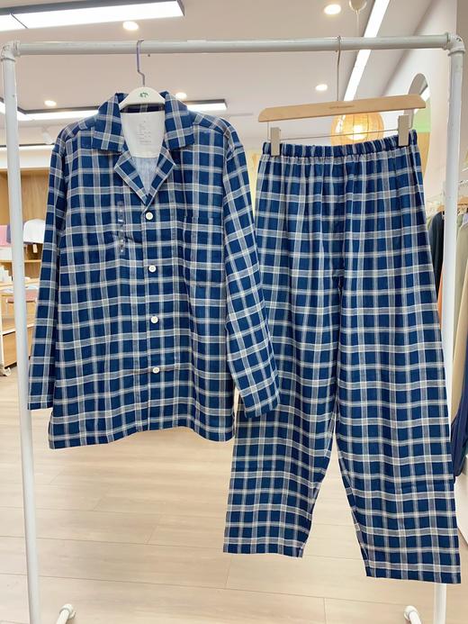 秋季男款双层纱藏青大格纱布长袖套装 全棉纱布格子睡衣家居服 商品图0