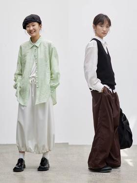 步履不停/4C11195C/薄软翻领肌理蓝色绿色长袖衬衫外套