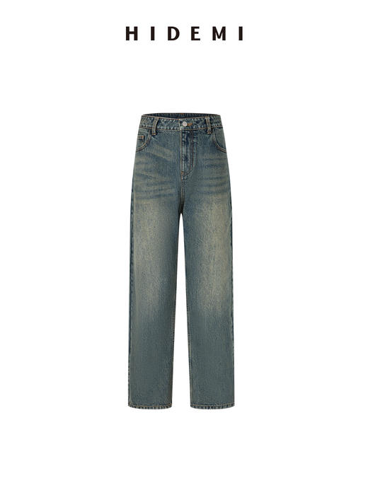 HIDEMI【吴千语同款】多重水洗泛白做旧感中低腰直筒牛仔裤 商品图6