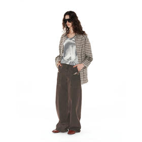 NUTH复古水洗工装裤做旧双口袋设计宽松直筒工装裤 棕色/军绿色