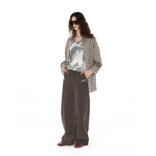 NUTH复古水洗工装裤做旧双口袋设计宽松直筒工装裤 棕色/军绿色 商品图0