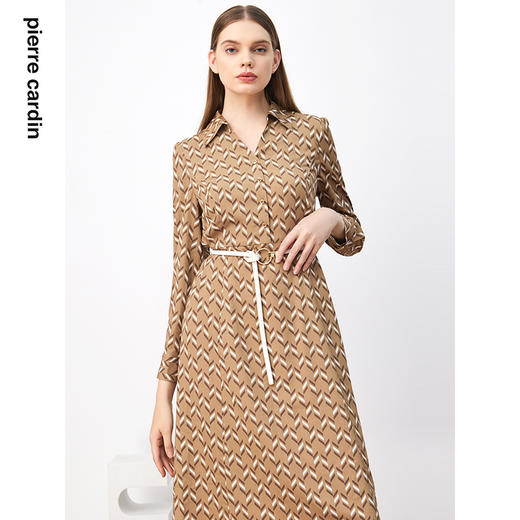 皮尔卡丹女装连衣裙黄色稳重斜纹花色长袖衬衫领裙子P3360E3953Y3
 商品图3
