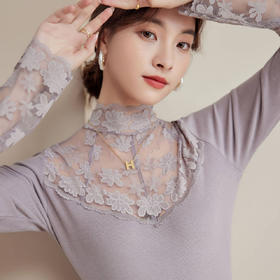2024新款加绒加厚蕾丝半高领打底衫女春秋内搭修身长袖上衣针织衫