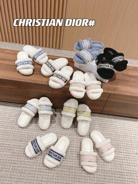 * 迪家 刺绣条纹logo加绒毛里一字平底拖鞋 秋冬新款羊毛拖鞋 多色可选 (HD)