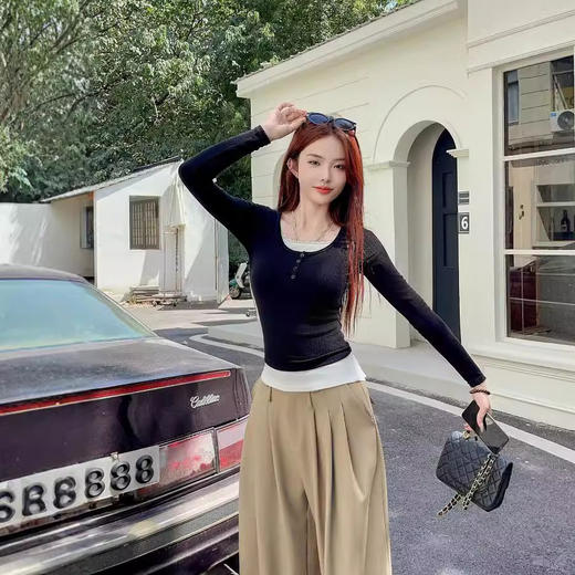 流行蕾丝拼接假两件设计感修身显瘦上衣内搭打底衫女秋冬长袖圆领 商品图2