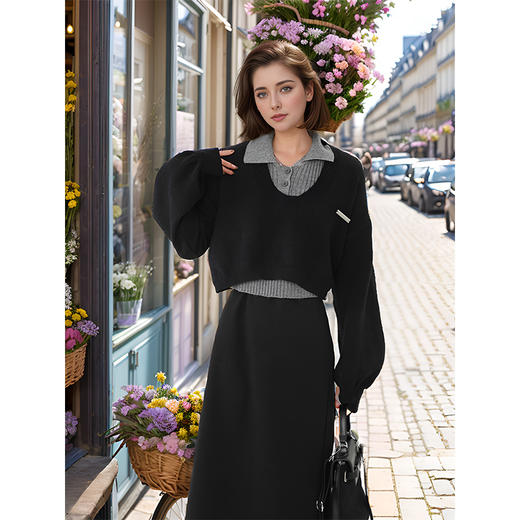 9/1奢姿大码女装2024秋冬气质翻领针织拼接两件套胖妹妹时尚简约套装9944930039 商品图1