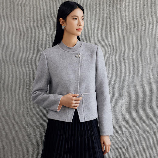 玳莎斜襟设计圆领双面呢外套女2024秋季新款简约气质羊毛短款大衣  EC37309 商品图1