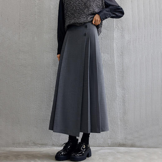 玳莎假门襟半身裙女2024年秋季新款通勤休闲连腰设计感高腰百褶裙  EC34303 商品图2