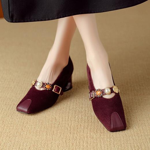【预售5天】法式金属一字扣带玛丽珍女鞋，浅口低跟方头小香风单鞋NJMK&K1131 商品图1