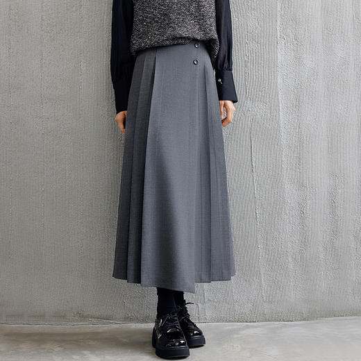 玳莎假门襟半身裙女2024年秋季新款通勤休闲连腰设计感高腰百褶裙  EC34303 商品图1