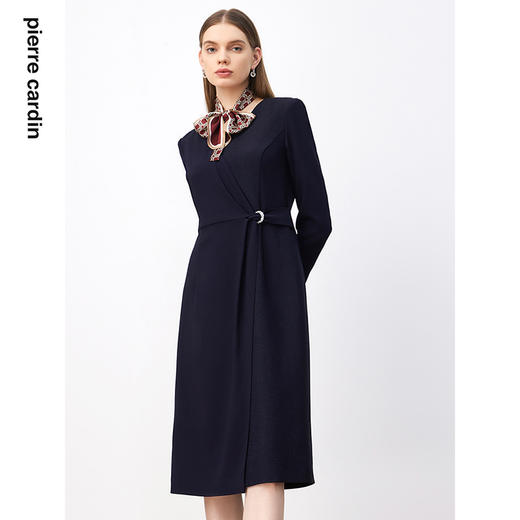 皮尔卡丹女装连衣裙藏蓝色圆领商务会议谈合作通勤裙P3349E3878N0 商品图3