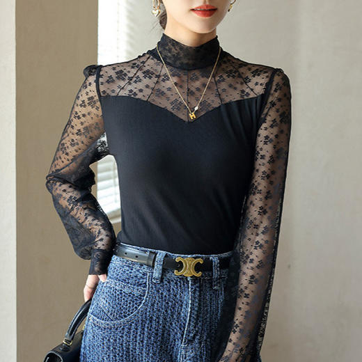 网纱肌底衣打底衫女秋冬内搭外穿蕾丝莫代尔高端紧身长袖上衣 商品图0
